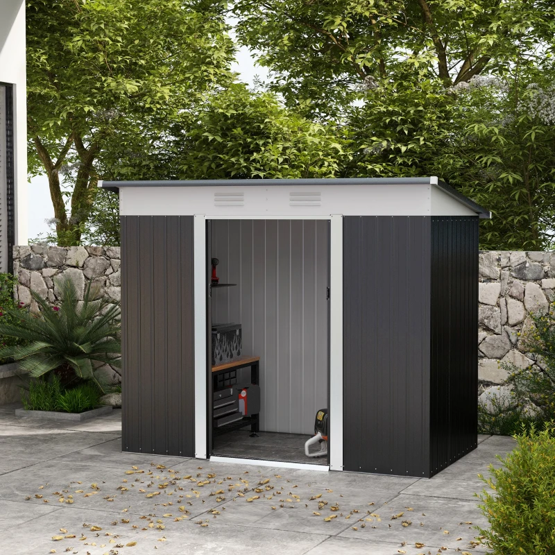 Outsunny 8' x 4' Metal Garden Shed, Backyard Tool Storage Shed with Dual Locking Doors, 2 Air Vents and Steel Frame, Dark Gray