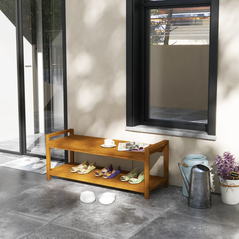 Outsunny Garden Stool with Storage Shelf, Slatted Seat for Indoor Conservatory, Garden, Poolside, Deck, Teak