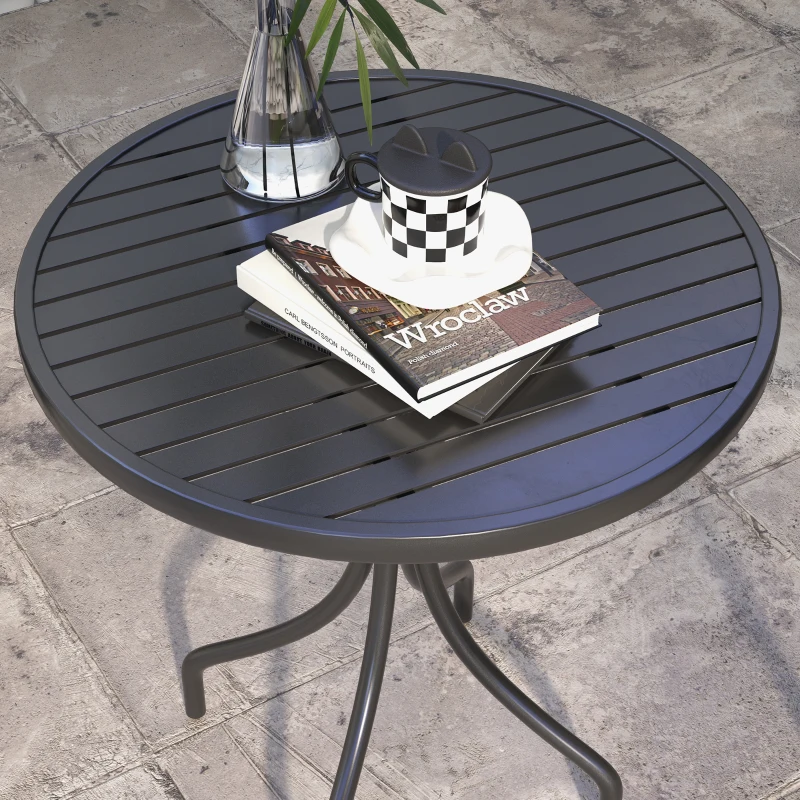 Outsunny 26" Round Patio Table, Outdoor Side Table with Steel Frame and Slat Tabletop for Garden, Balcony, Black