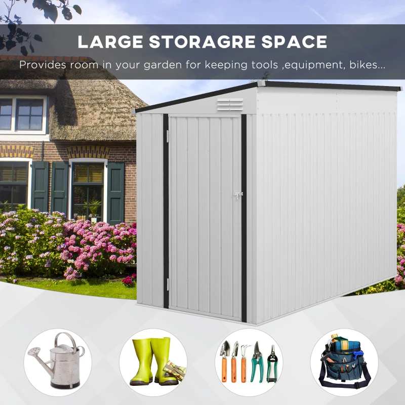 Outsunny 4' x 7.7' Lean to Garden Storage Shed, Outdoor Metal Tool House with Lockable Door Vents for Backyard Patio Lawn, White