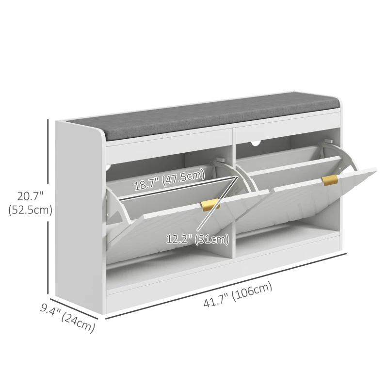 HOMCOM Shoe Storage with Seat, Upholstered Hallway Bench, Shoe Bench with 2 Flip Drawers and 4 Vents for 8 Pairs of Shoes