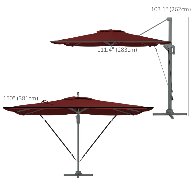 Outsunny 13 FT Cantilever Umbrella, Aluminum Hanging Offset Umbrella with 360°Rotation, Crank, Tilt, Cross Base, Red