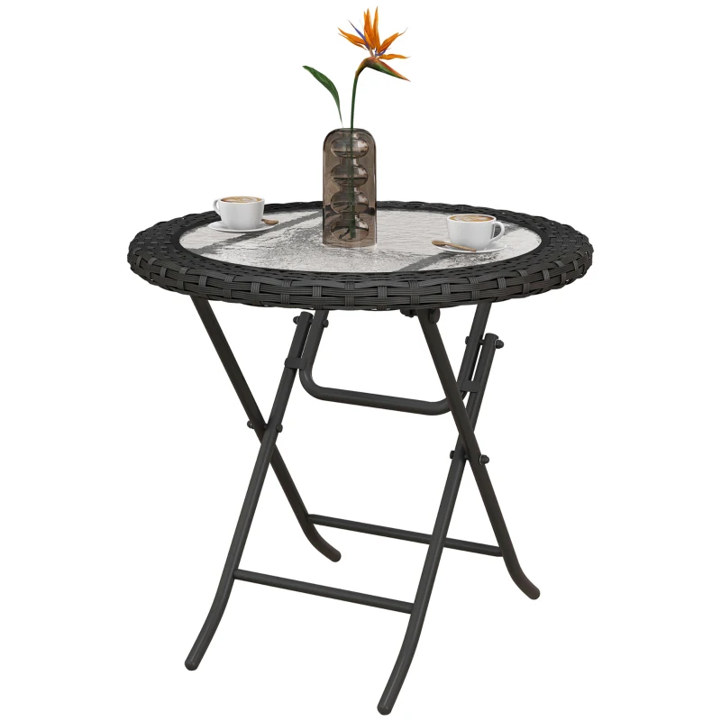 Outsunny Folding Round Tempered Glass Metal Table with Edging, Black