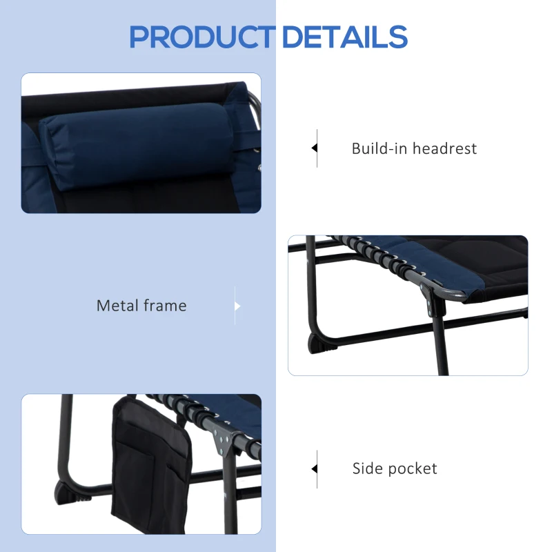 Outsunny Folding Chaise Lounge w/ 5-level Reclining Back, Outdoor Tanning Chair Lounge Chair w/ Padded Seat, Side Pocket, Headrest, Carry Strap, for Beach, Yard, Patio, Blue