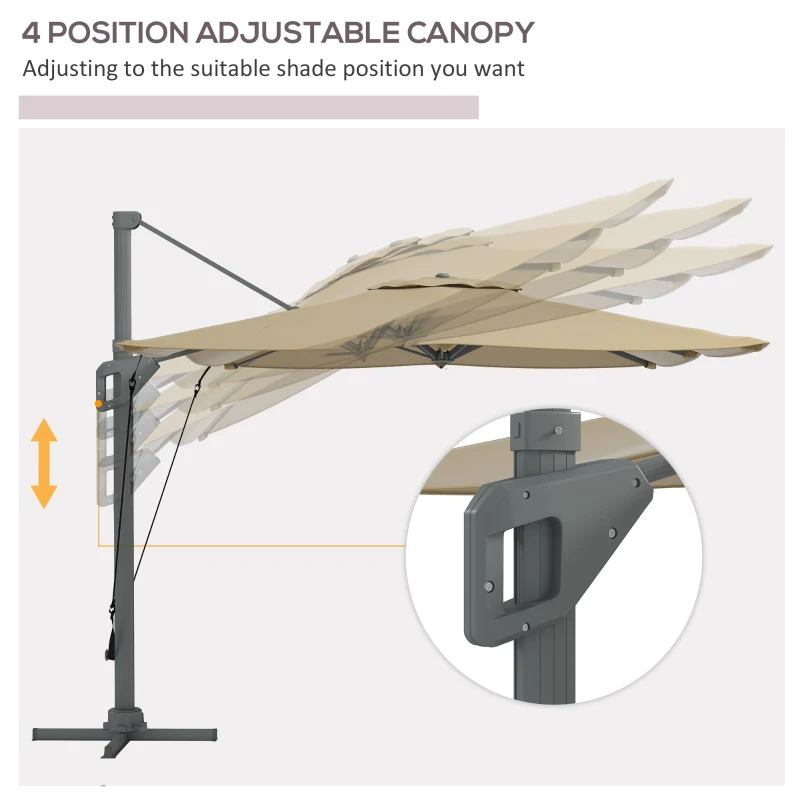 Outsunny 13 FT Cantilever Umbrella, Aluminum Hanging Offset Umbrella with 360°Rotation, Crank, Tilt, Cross Base, Khaki