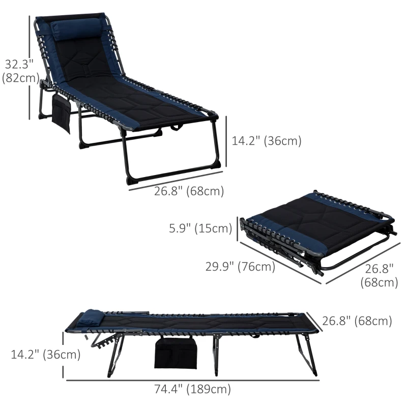 Outsunny Folding Chaise Lounge w/ 5-level Reclining Back, Outdoor Tanning Chair Lounge Chair w/ Padded Seat, Side Pocket, Headrest, Carry Strap, for Beach, Yard, Patio, Blue