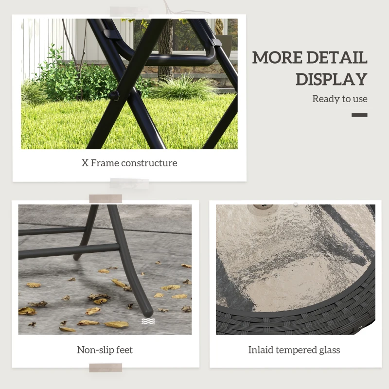 Outsunny Folding Round Tempered Glass Metal Table with Edging, Black