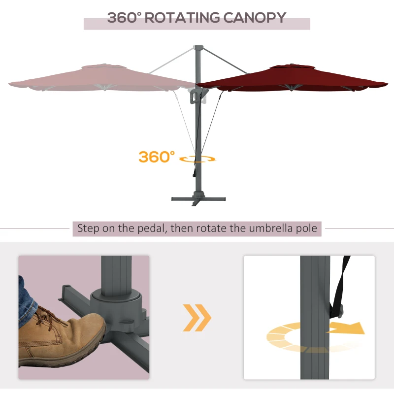 Outsunny 13 FT Cantilever Umbrella, Aluminum Hanging Offset Umbrella with 360°Rotation, Crank, Tilt, Cross Base, Red