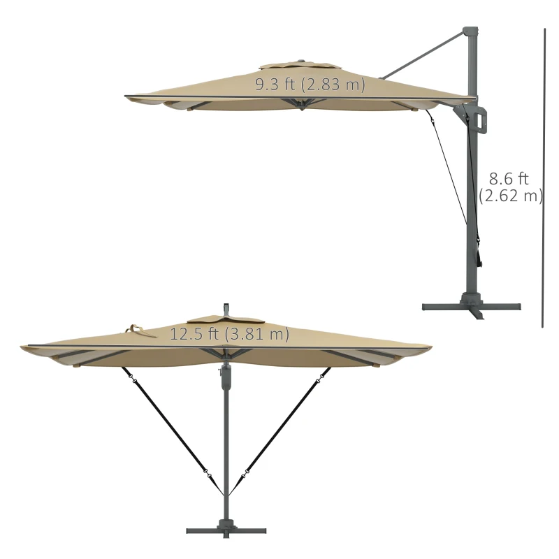 Outsunny 13 FT Cantilever Umbrella, Aluminum Hanging Offset Umbrella with 360°Rotation, Crank, Tilt, Cross Base, Khaki