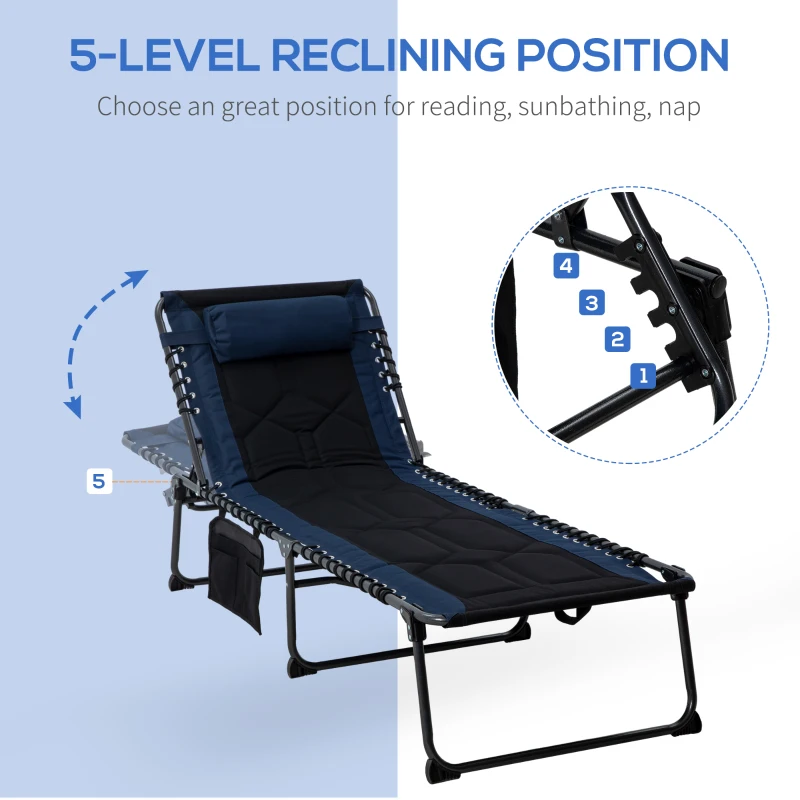 Outsunny Folding Chaise Lounge w/ 5-level Reclining Back, Outdoor Tanning Chair Lounge Chair w/ Padded Seat, Side Pocket, Headrest, Carry Strap, for Beach, Yard, Patio, Blue