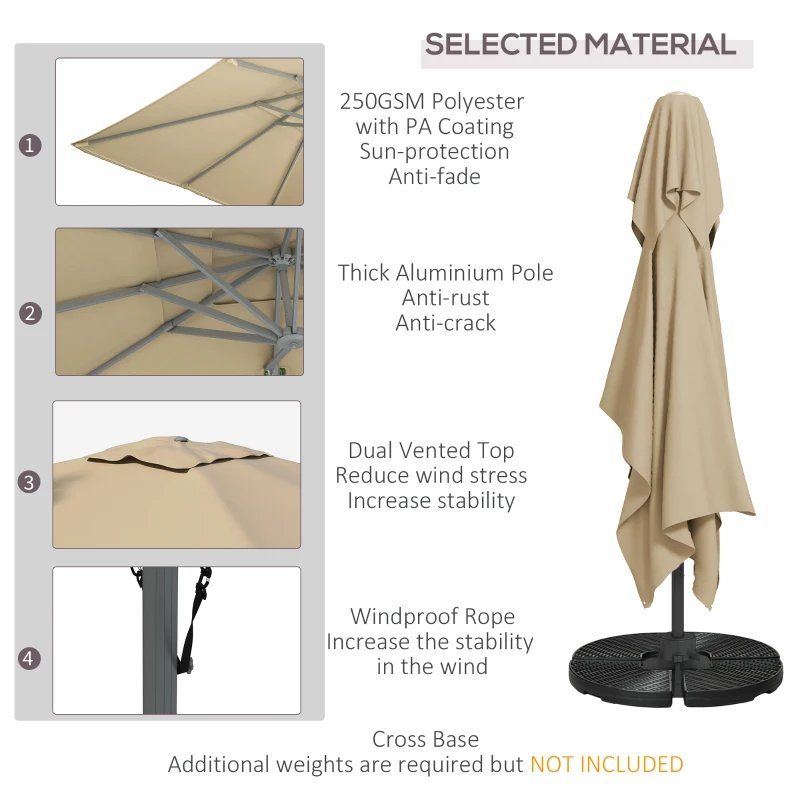Outsunny 13 FT Cantilever Umbrella, Aluminum Hanging Offset Umbrella with 360°Rotation, Crank, Tilt, Cross Base, Khaki