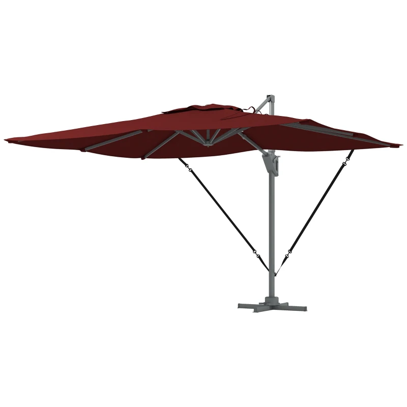 Outsunny 13 FT Cantilever Umbrella, Aluminum Hanging Offset Umbrella with 360°Rotation, Crank, Tilt, Cross Base, Red