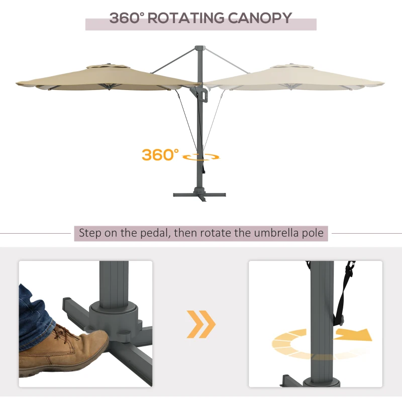 Outsunny 13 FT Cantilever Umbrella, Aluminum Hanging Offset Umbrella with 360°Rotation, Crank, Tilt, Cross Base, Khaki