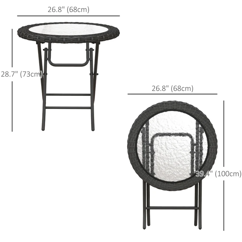 Outsunny Folding Round Tempered Glass Metal Table with Edging, Black