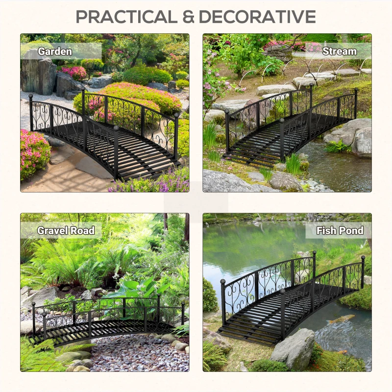 Outsunny 7' Metal Arch Garden Bridge Arc Footbridge with Side Railings Decorative Scrollwork, Black