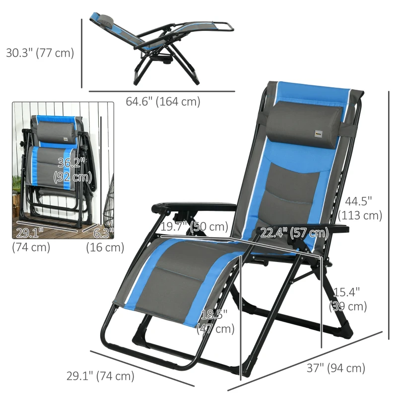 Outsunny Outdoor Zero Gravity Chair with Padded Seat, Folding Reclining Patio Lounge Chair with Recline Back, Cup Holder, Headrest, Footrest, for Poolside, Garden, 330lbs, Blue