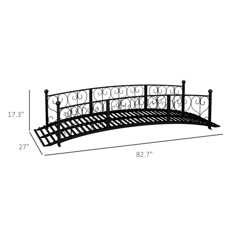 Outsunny 7' Metal Arch Garden Bridge Arc Footbridge with Side Railings Decorative Scrollwork, Black