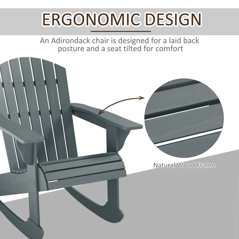 Outsunny Wood Adirondack Outdoor Lounge Rocking Chair Fire Pit Seating with Slatted Wooden Design, Fanned Back, Gray