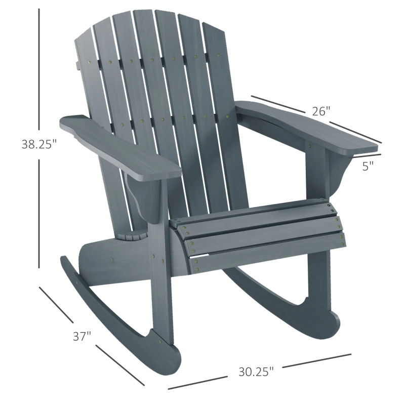 Outsunny Wood Adirondack Outdoor Lounge Rocking Chair Fire Pit Seating with Slatted Wooden Design, Fanned Back, Gray