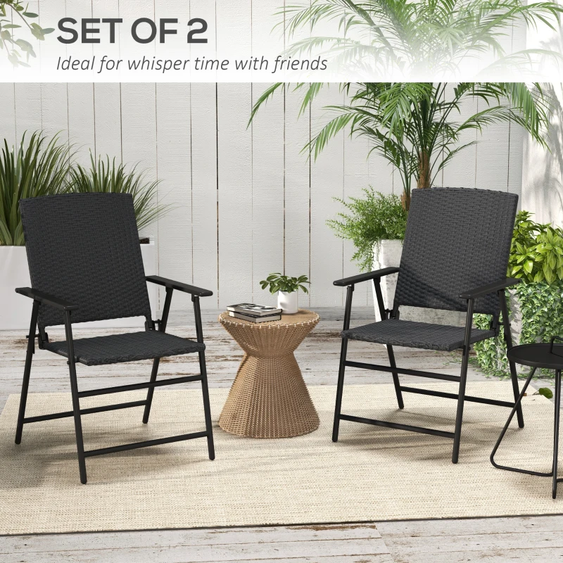 Outsunny Outdoor Wicker Dining Chair Set of 2 with Steel Frame Black