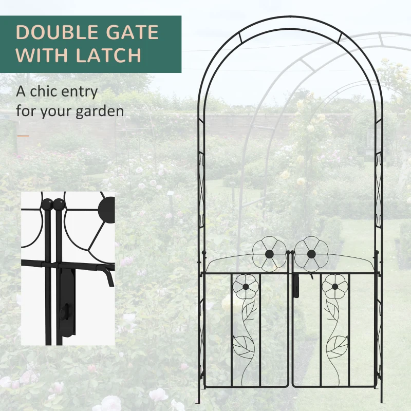 Outsunny 7.5FT Metal Garden Arbour with Double Gate, Arch Trellis for Climbing Vine Plants, Outdoor Wedding, Decoration, Black