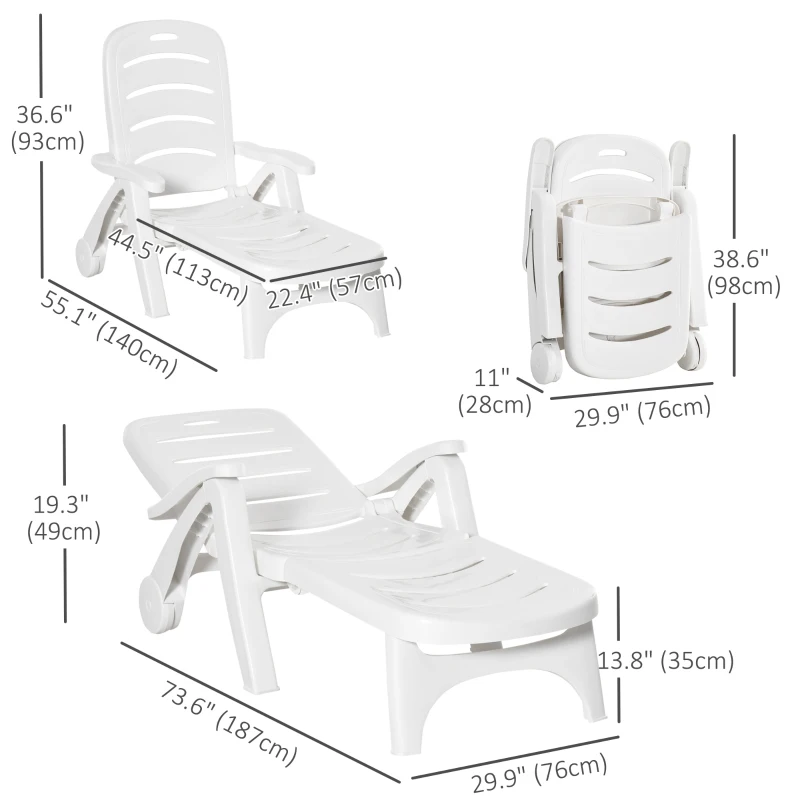 Outsunny Outdoor Folding Chaise Lounge Chair with Wheels, 5 Level Adjustable Backrest for Pool, Beach, Patio, Garden, White