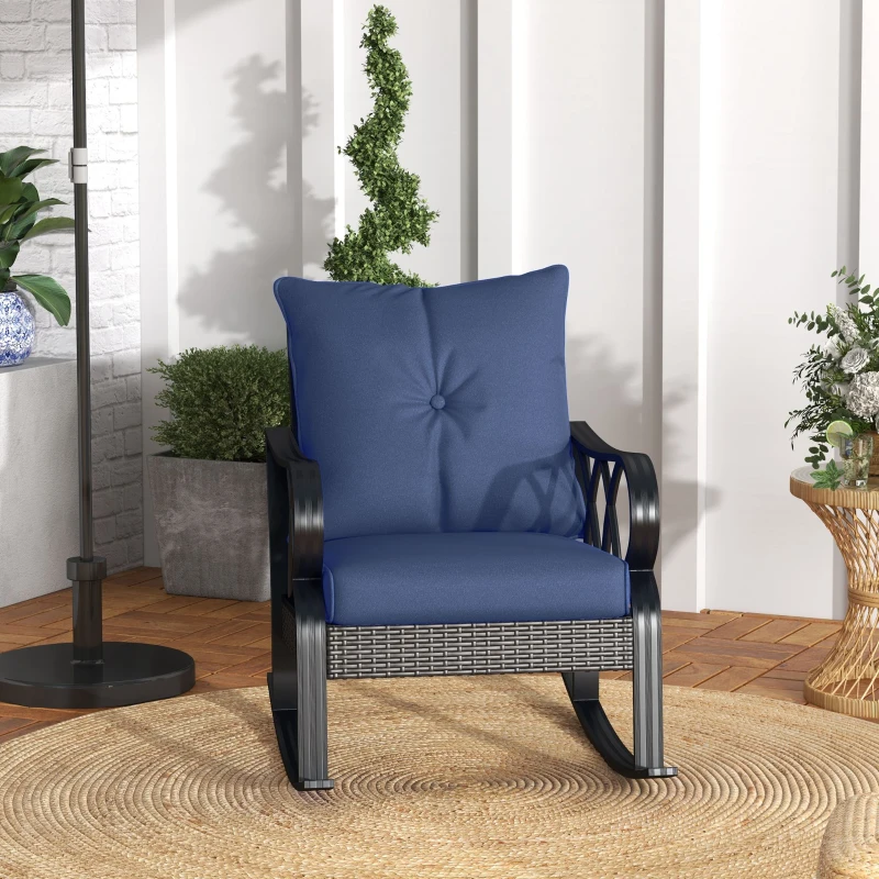 Outsunny Outdoor Wicker Rocking Chair with Padded Cushions, Aluminum Furniture, Rattan Porch Rocker Chair w/ Armrest, Navy Blue