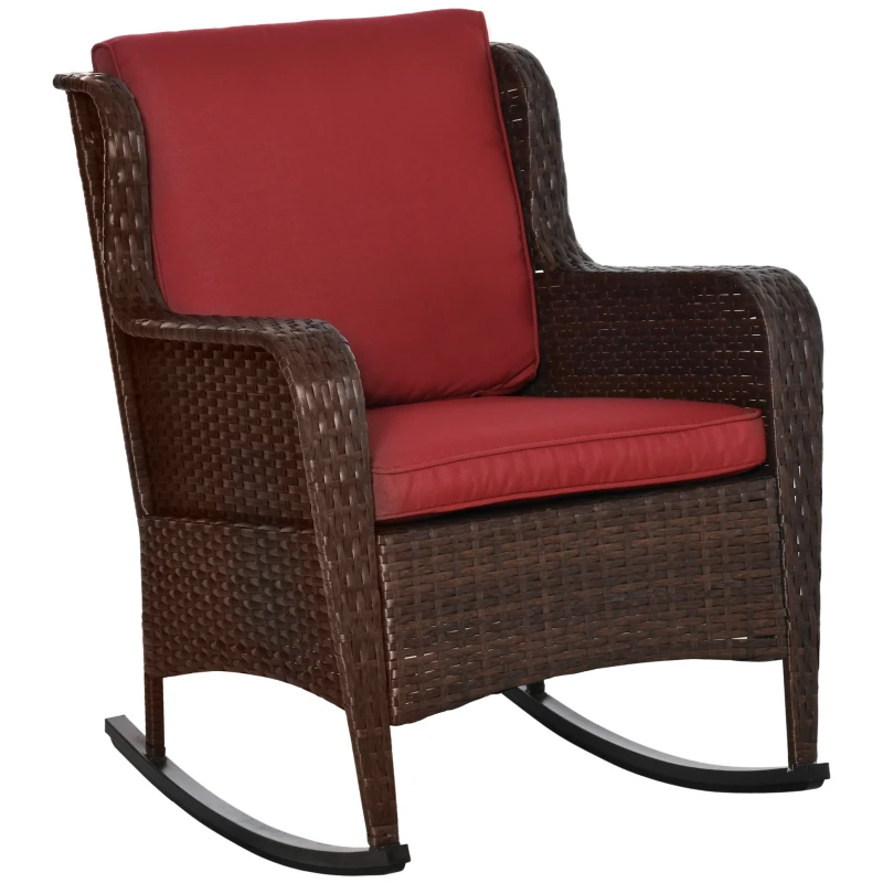 Outsunny Outdoor Wicker Rocking Chair, PE Rattan Porch Rocker with Cushions, Wine Red