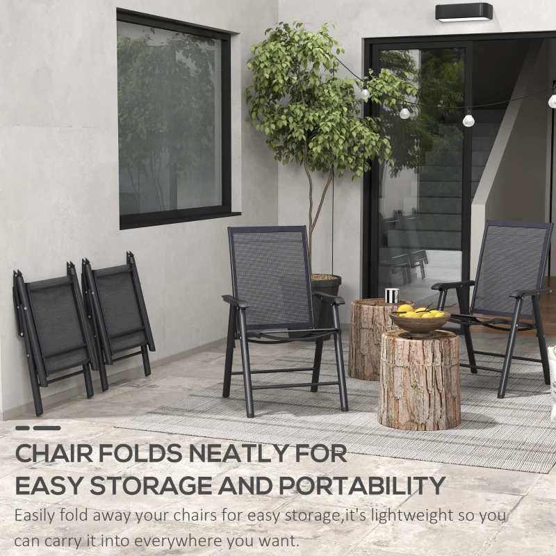 Outsunny Set of 4 Outdoor Folding Chairs, Stackable Patio Dining Chairs with Armrests, Metal Frame, Black