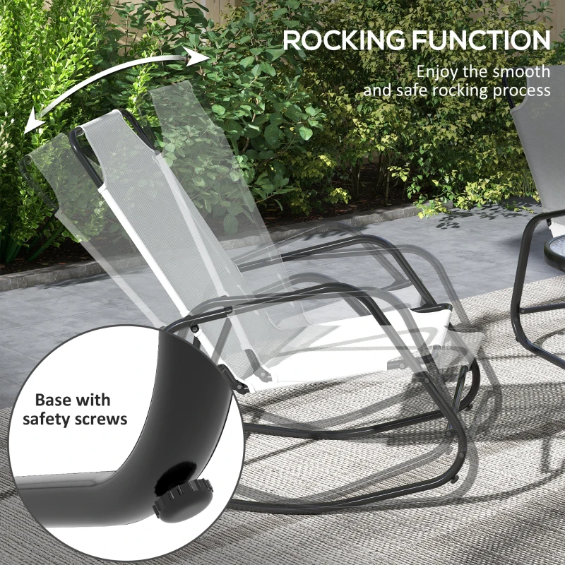 Outsunny Patio Rocking Chairs Set of 2, 3 Pieces Patio Bistro Set with Metal Frame, Breathable Mesh Fabric Seat for Garden, Deck, White