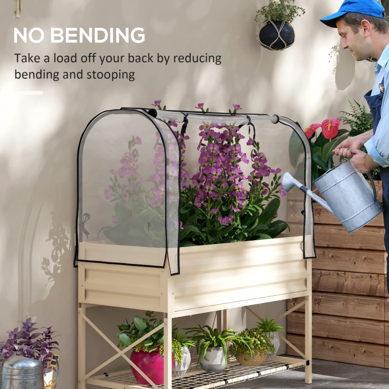 Outsunny Raised Garden Bed with Legs and Cover, Metal Elevated Planter Box with Bottom Shelf and Liner for Vegetables, Cream