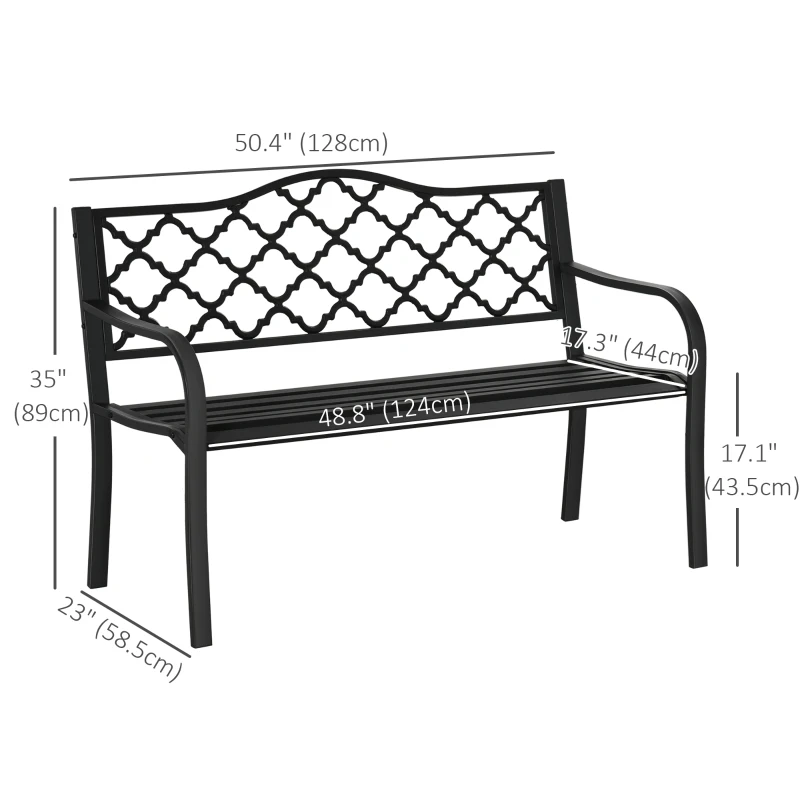Outsunny 2-Seater Steel Garden Bench, Antique Outdoor Loveseat with Armrests and Chic Backrest for Yard, Lawn, Patio, Black