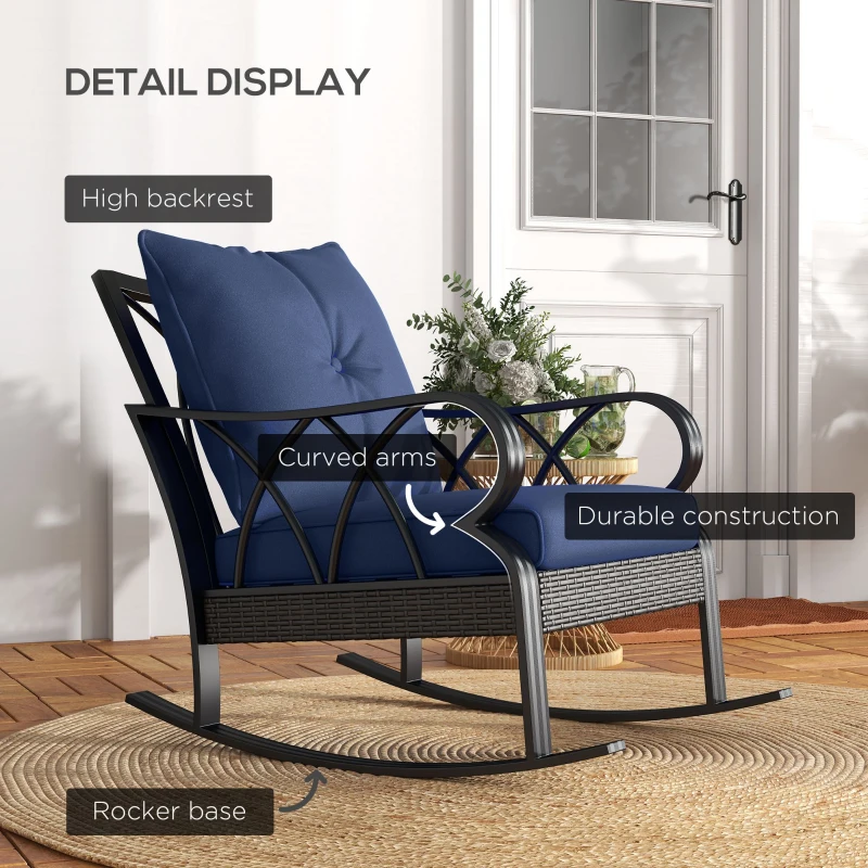 Outsunny Outdoor Wicker Rocking Chair with Padded Cushions, Aluminum Furniture, Rattan Porch Rocker Chair w/ Armrest, Navy Blue