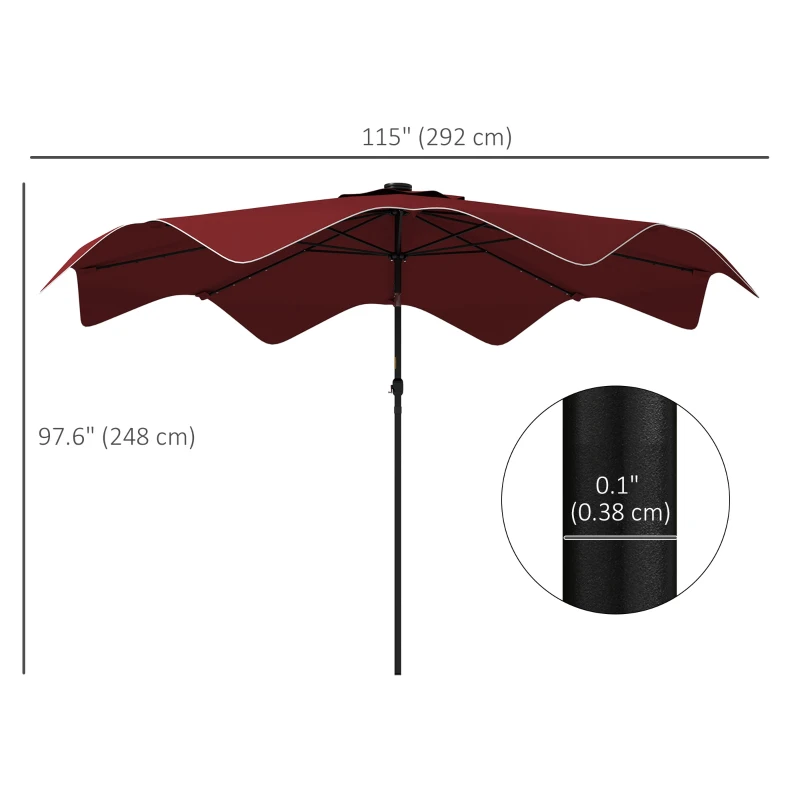 Outsunny Solar Patio Umbrella with LED and Tilt, Outdoor Market Table Umbrella Parasol with Crank, 10 x 10 ft, Wine Red