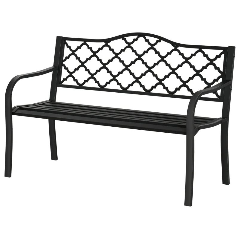 Outsunny 2-Seater Steel Garden Bench, Antique Outdoor Loveseat with Armrests and Chic Backrest for Yard, Lawn, Patio, Black