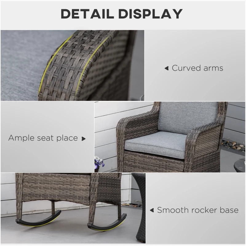 Outsunny Outdoor Wicker Rocking Chair, PE Rattan Porch Rocker with Cushions, Grey