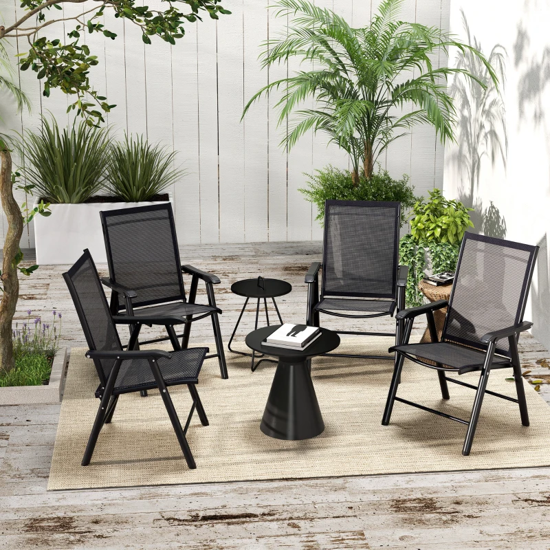 Outsunny Set of 4 Outdoor Folding Chairs, Stackable Patio Dining Chairs with Armrests, Metal Frame, Black