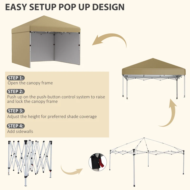 Outsunny 10' x 10' Pop Up Canopy with Sidewalls, Weight Bags and Carry Bag, Height Adjustable Tent for Parties, Beige