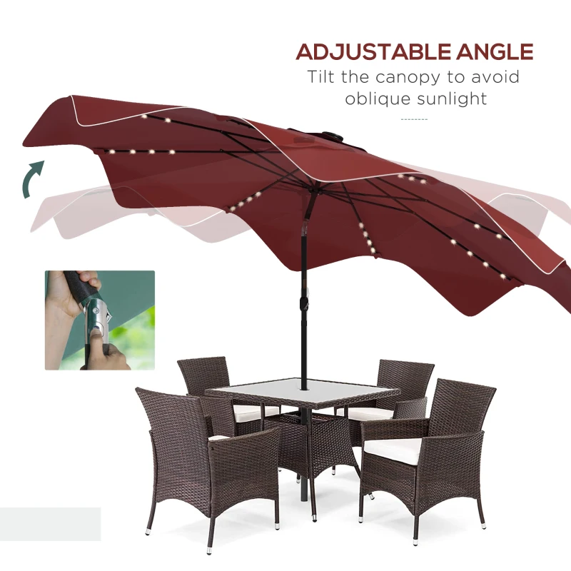 Outsunny Solar Patio Umbrella with LED and Tilt, Outdoor Market Table Umbrella Parasol with Crank, 10 x 10 ft, Wine Red
