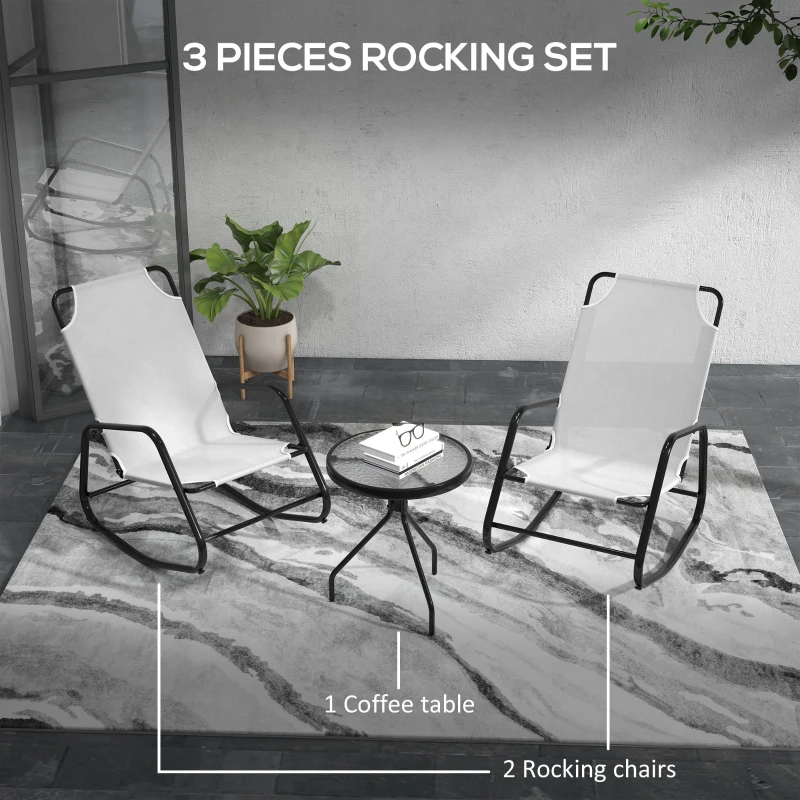 Outsunny Patio Rocking Chairs Set of 2, 3 Pieces Patio Bistro Set with Metal Frame, Breathable Mesh Fabric Seat for Garden, Deck, White