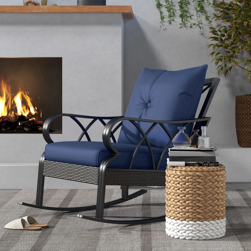 Outsunny Outdoor Wicker Rocking Chair with Padded Cushions, Aluminum Furniture, Rattan Porch Rocker Chair w/ Armrest, Navy Blue