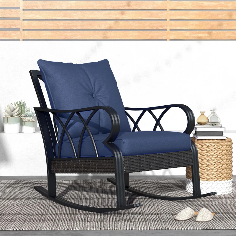 Outsunny Outdoor Wicker Rocking Chair with Padded Cushions, Aluminum Furniture, Rattan Porch Rocker Chair w/ Armrest, Navy Blue