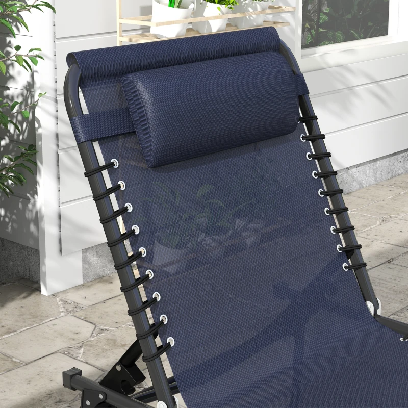 Outsunny 2 Folding Chaise Lounge Pool Chairs with 4-Position Reclining Back, Pillow, Breathable Mesh & Bungee Seat, Dark Blue
