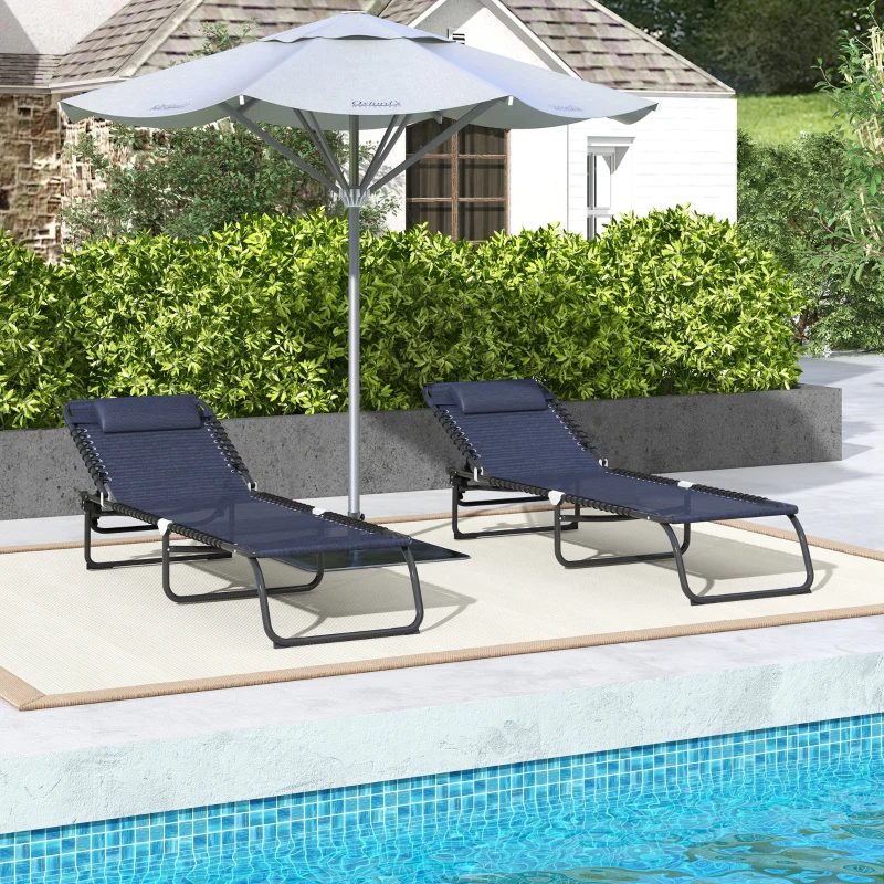 Outsunny 2 Folding Chaise Lounge Pool Chairs with 4-Position Reclining Back, Pillow, Breathable Mesh & Bungee Seat, Dark Blue