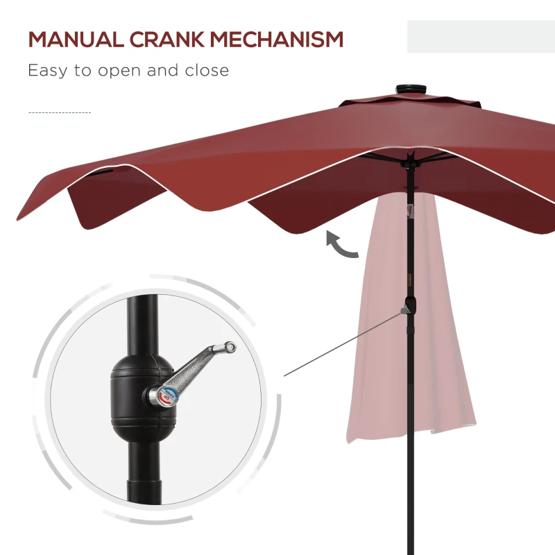Outsunny Solar Patio Umbrella with LED and Tilt, Outdoor Market Table Umbrella Parasol with Crank, 10 x 10 ft, Wine Red