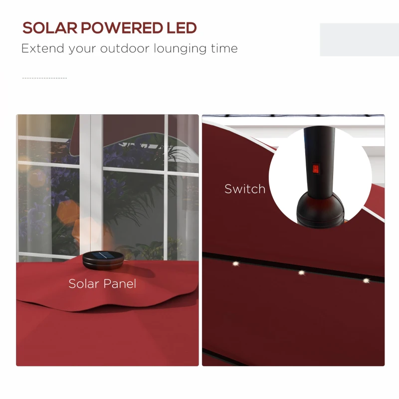 Outsunny Solar Patio Umbrella with LED and Tilt, Outdoor Market Table Umbrella Parasol with Crank, 10 x 10 ft, Wine Red