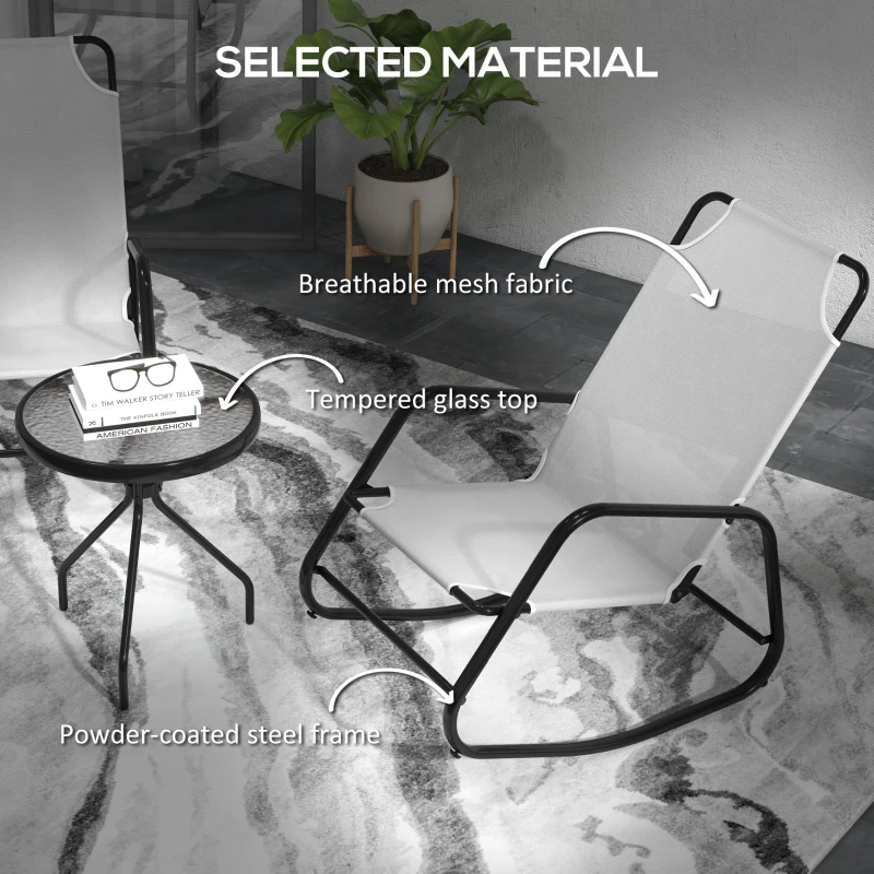 Outsunny Patio Rocking Chairs Set of 2, 3 Pieces Patio Bistro Set with Metal Frame, Breathable Mesh Fabric Seat for Garden, Deck, White