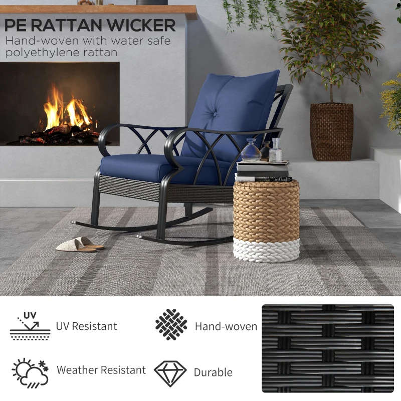 Outsunny Outdoor Wicker Rocking Chair with Padded Cushions, Aluminum Furniture, Rattan Porch Rocker Chair w/ Armrest, Navy Blue