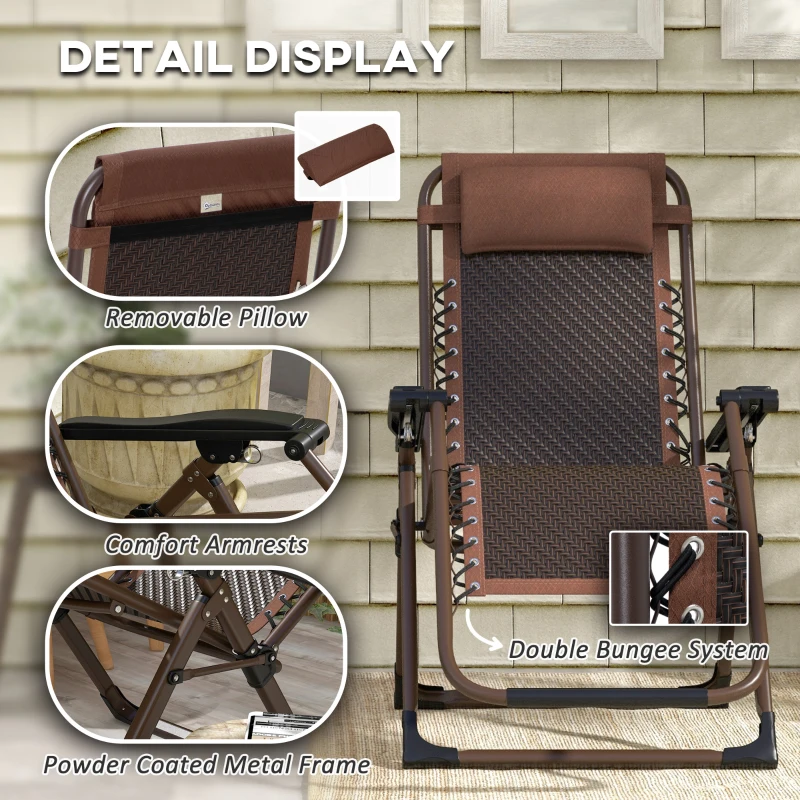 Outsunny Outdoor Zero Gravity Chair, Folding PE Rarran Reclining Patio Lounge Chair with Recline Back, Headrest, Footrest, for Poolside, Garden, Brown