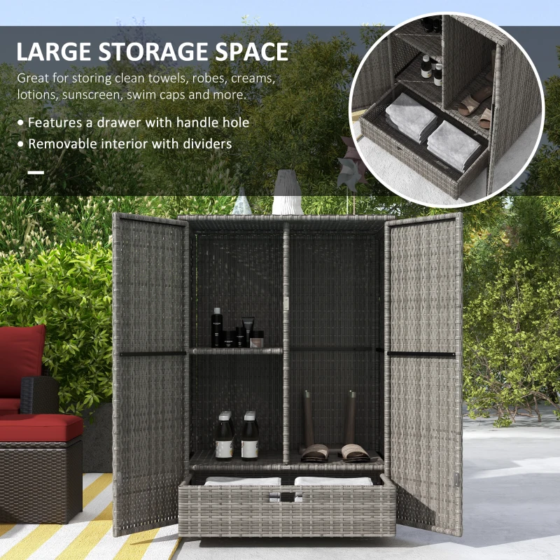 Outsunny Outdoor Storage Cabinet with Shelves, Rattan Pool Towel Storage Cabinet with Removable Shelf & Drawer, Dark Gray